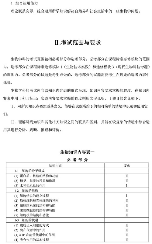 2019年普通高等学校招生全国统一考试大纲：生物